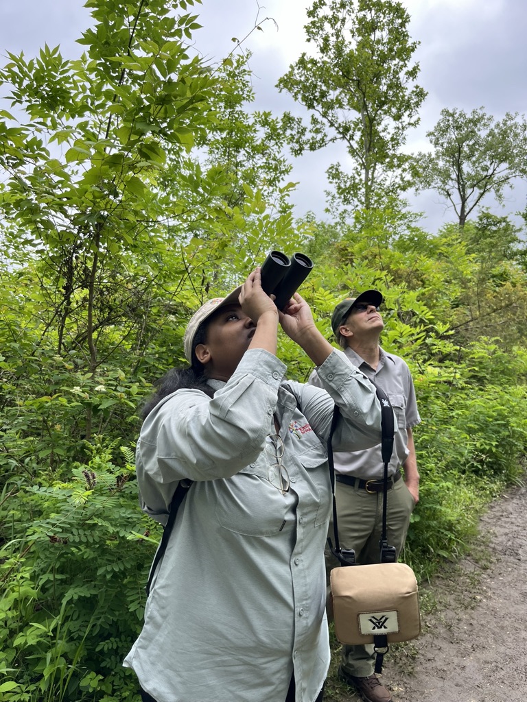 A young birder, likely an intern, looks through binoculars during an accessible birding walk.