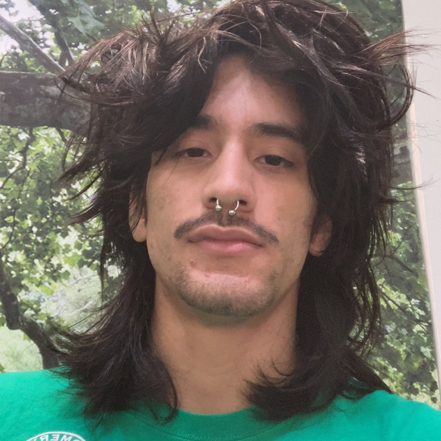 Man in green shirt with medium length black hair and a septum piercing.