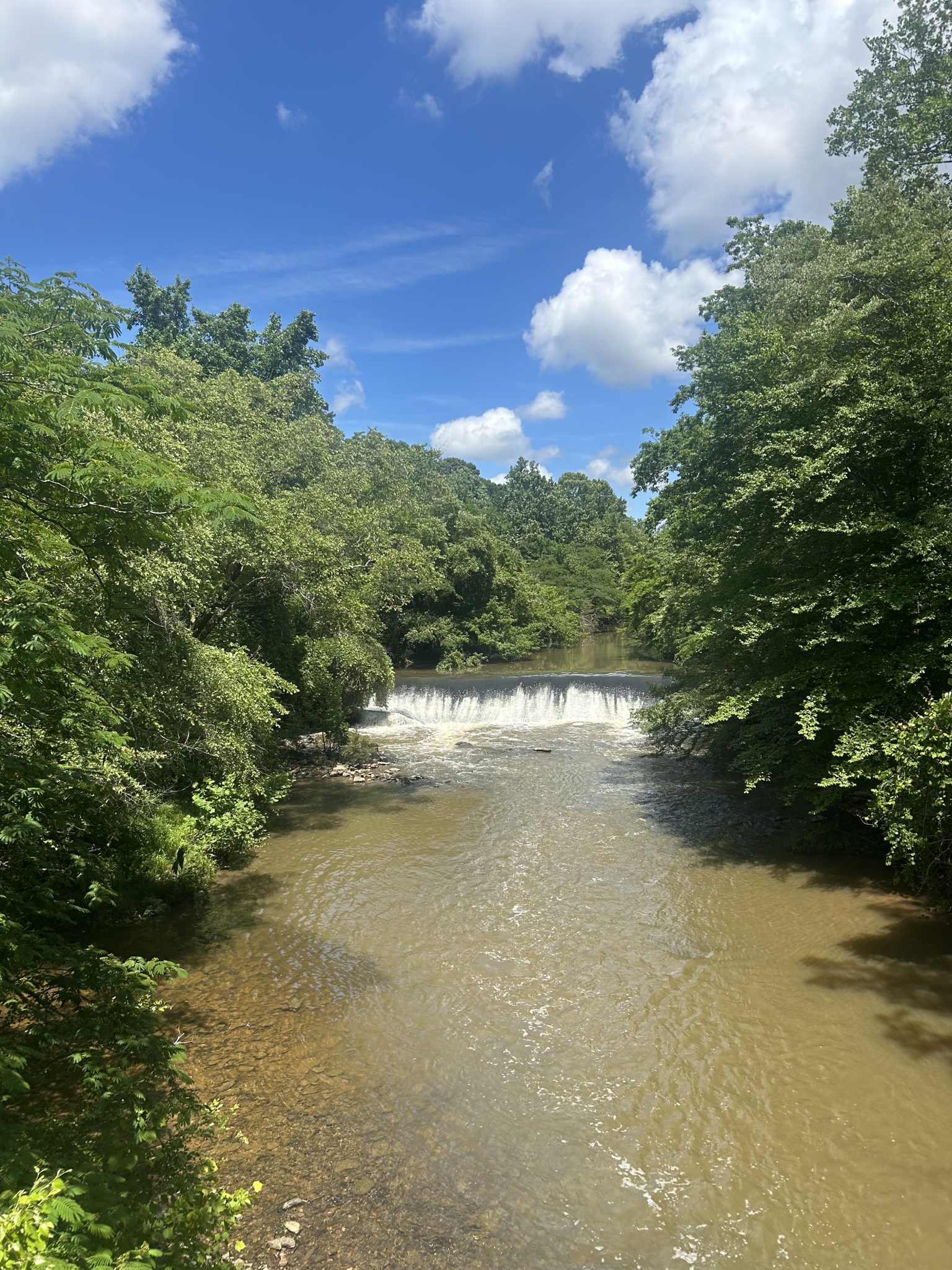 Image of a River Waterfall drop off with trees surrounding it the sides.