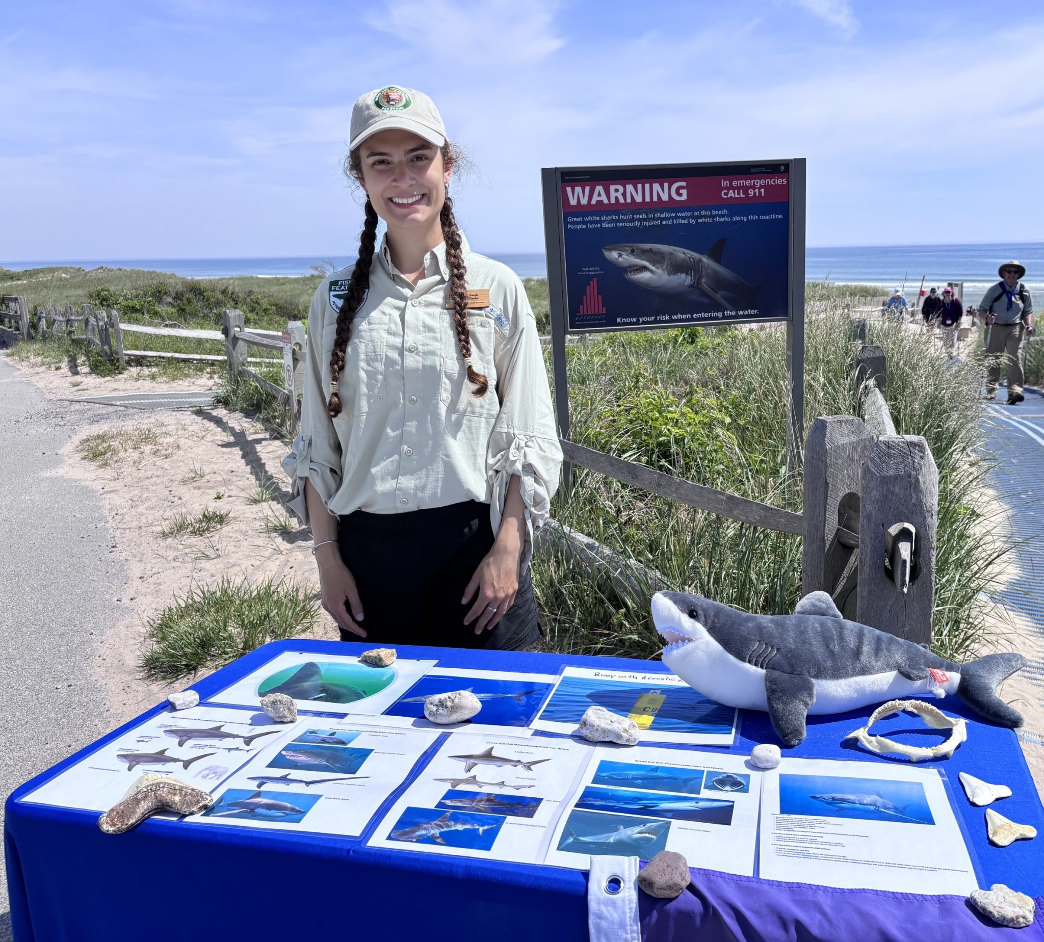 sarah with an imformational table about sharks at the beach