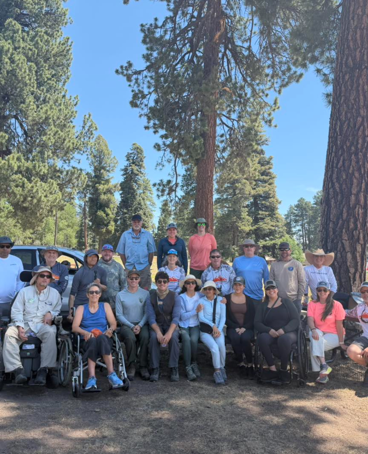 participants and volunteers seated in rows at a table with the forest in the background
