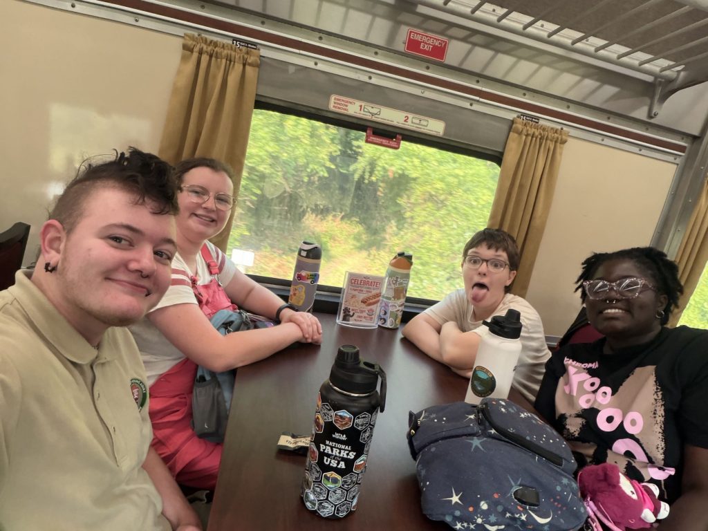 Zack, Amanda, and two other park interns sitting inside the train.